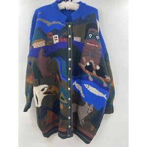 Vintage long heavy knit sweater eagle bear wolf fish travel Trees Large XL